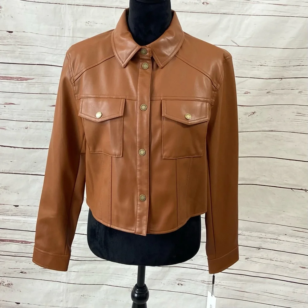 Calvin Klein Jacket‎ Women's Medium Brown Cropped Faux Leather